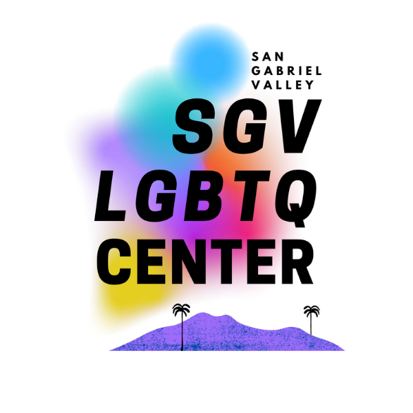 SGV LGBTQ+ Center Logo with colorful background and mountain ranges below. 
